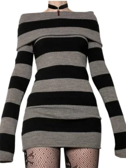 Women Autumn Dress Striped Boat-Neck Long Sleeve